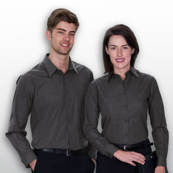 A grey button-up shirt for men and women, featuring a collar and long sleeves. The design includes a pocket and a logo.