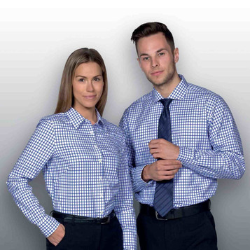A button-up shirt featuring a blue and white check pattern, displayed on a male and female model, both with a logo.
