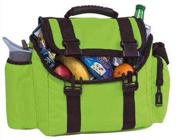 A green lunch bag filled with various snacks, fruits, and a beverage, featuring a handle and adjustable straps.