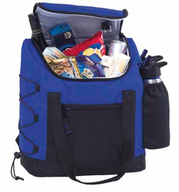 A blue and black bag filled with snacks, drinks, and a drink bottle, featuring multiple pockets and a zippered top.