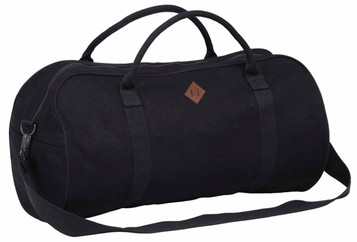 A black duffle bag with dual handles and a shoulder strap, featuring a small logo.
