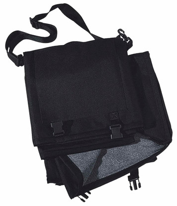 A black sports blanket with straps and clips, neatly folded for storage. It has a simple, functional design.