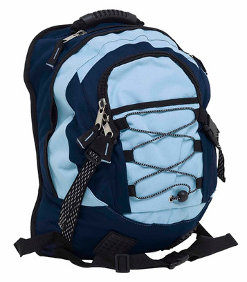 A blue and navy backpack featuring multiple zippers, straps, and a logo on the front.