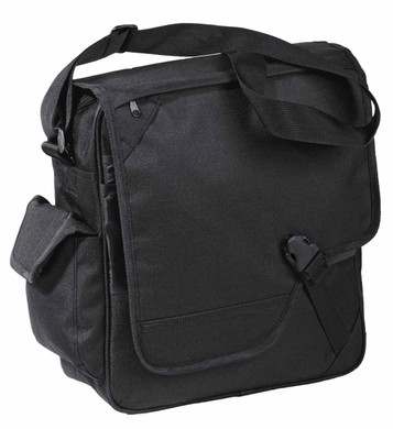 A black messenger bag with a flap, adjustable strap, and side pockets, featuring a simple design and logo.