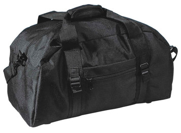 A black duffle bag with multiple straps, a front pocket, and branded logo. Ideal for sports and travel.