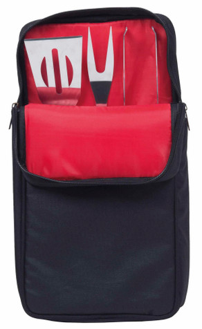 A BBQ grill tool set in a black storage case, featuring metal tools on a red background.