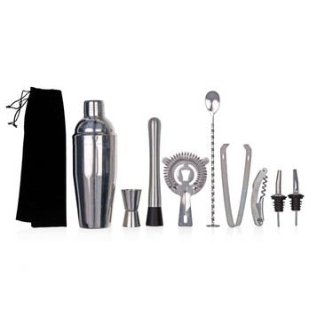 A stainless steel cocktail shaker set featuring a shaker, jigger, strainer, muddler, stirring spoon, corkscrew, tongs, and pour spouts.