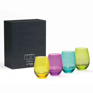A set of four wine glasses in purple, turquoise, green, and yellow, presented in a black box with a logo.