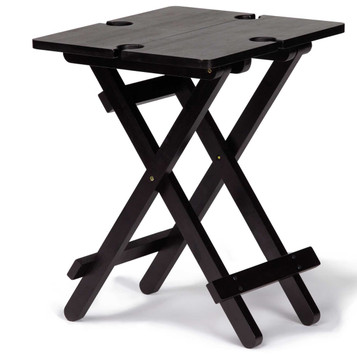 A black folding table with two built-in cup holders and a simple, modern design. It features crossed legs for stability.
