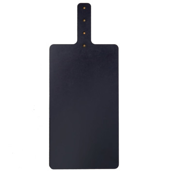 A dark-coloured serving board with a handle and three decorative holes at the top.