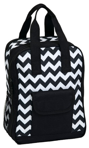 A black and white chevron-patterned picnic bag with dual handles and a front pocket. It features a mesh side pocket.