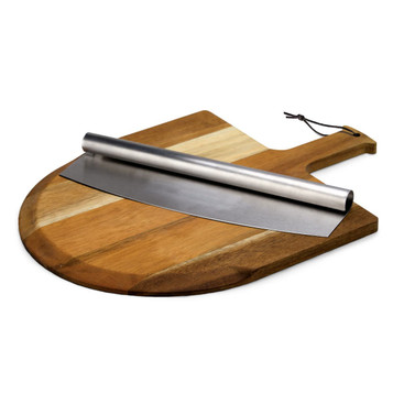 A wooden pizza peel with a stainless steel cutting blade, featuring a leather hanging strap.