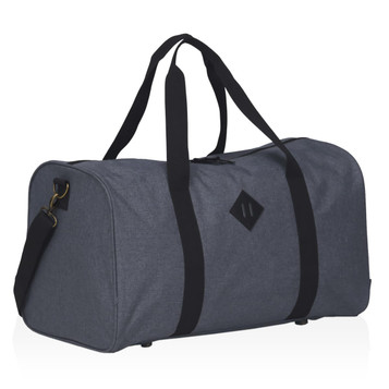 A grey duffle bag featuring sturdy black straps and a logo, designed for versatility and style.
