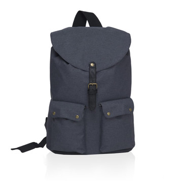 A dark grey backpack featuring a flap closure and two front pockets, with a buckle fastening and a logo.