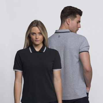 A black and grey polo shirt featuring contrasting stripes and a logo on the back.