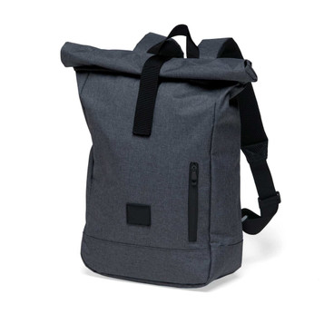 A grey roll-top backpack with adjustable straps and a front zip pocket, featuring a subtle logo.