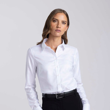 A women's button-up shirt in white with a collar and long sleeves. It features a sleek design and has a logo.