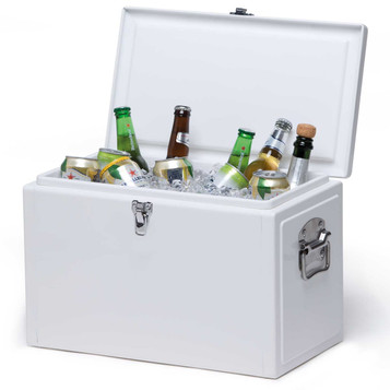 A white cooler box filled with various beers and beverages, sitting on ice. The box has a metal latch and branding.