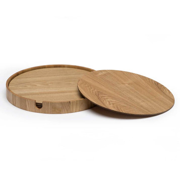 A wooden placemat set featuring six circular pieces in a light timber finish, complete with a storage tray.