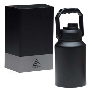 A drink bottle with a black matte finish and a sturdy handle, accompanied by a matching box.