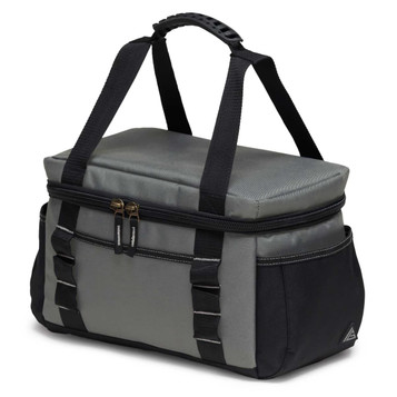 A grey and black cooler bag with a zippered top and sturdy handles, featuring a logo on the front.