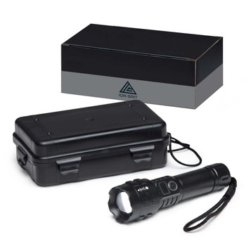 A black torch with a protective case, featuring a logo, set against a plain box background.
