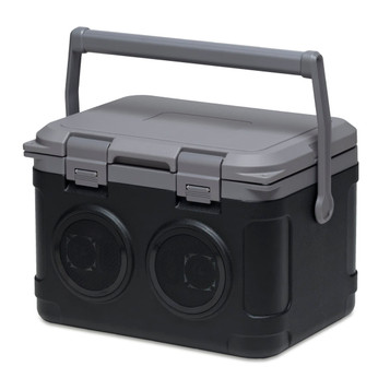 A portable sound box in black and grey, featuring a handle and two speaker outlets. Includes a sturdy, sealed lid.