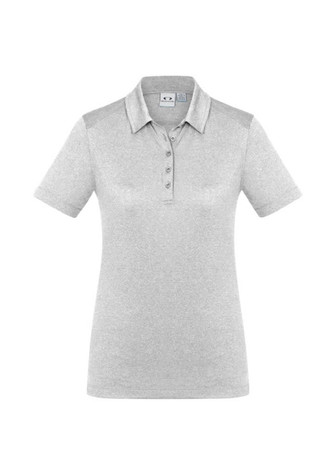 A women's short sleeve polo shirt in light grey, featuring a collar and a logo on the front.