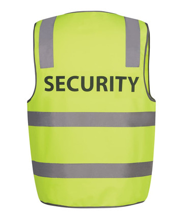 A lime safety vest featuring reflective stripes and a logo, designed for security use.