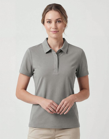 A grey ladies' polo shirt featuring a classic collar and short sleeves, with a logo on the chest.