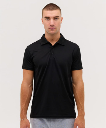 A black polo shirt displayed on a model, featuring a collar and short sleeves, with a logo on the chest.