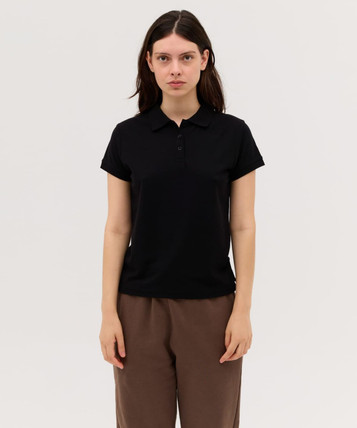 A black women's polo shirt with a collar, featuring a logo on the fabric, styled with short sleeves.