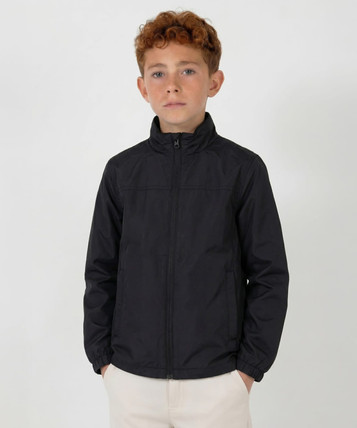 A youth black weather jacket with a zip front and elastic cuffs. It features a logo on the chest.