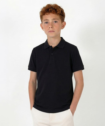 A youth polo shirt in black, featuring a classic collar and short sleeves, with a logo on the chest.