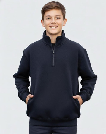 A navy blue kids' half zip collar fleecy sweatshirt with long sleeves and a front zipper. It features a logo.