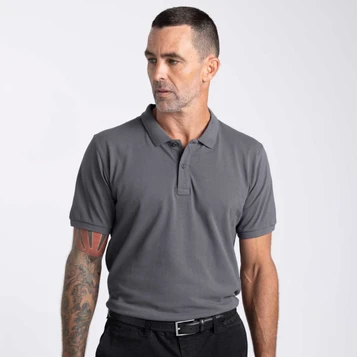 A grey polo shirt for men with a button-up collar and rolled sleeves, featuring a logo on the chest.