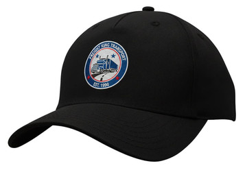 A black cotton twill cap featuring a logo and a curved brim. The cap has a buckle strap at the back.