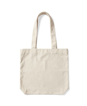 A classic tote bag in a natural beige colour with two handles and a plain design. It has a simple logo.