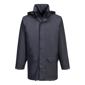 A khaki waterproof jacket with a hood, featuring snap buttons and pockets, along with a logo.