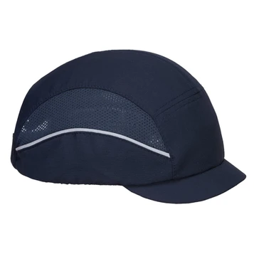A black bump cap with a micro peak and mesh panels for ventilation, featuring a logo.
