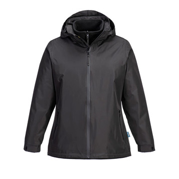 A women's black 3-in-1 jacket featuring a hood and zip front, with an inner lining and branding.