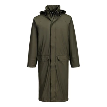 A long coat in olive green with a hood, featuring two front pockets and a buttoned closure. It has a logo on the chest.