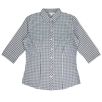 A blue and white check pattern button-up shirt with 3/4 sleeves and a fitted design, featuring a logo.