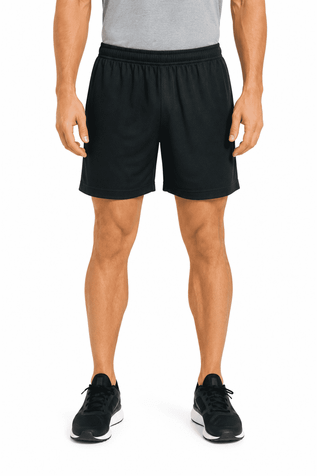 Black men's sports shorts with an elastic waistband, featuring a logo on the side. Suitable for athletic activities.