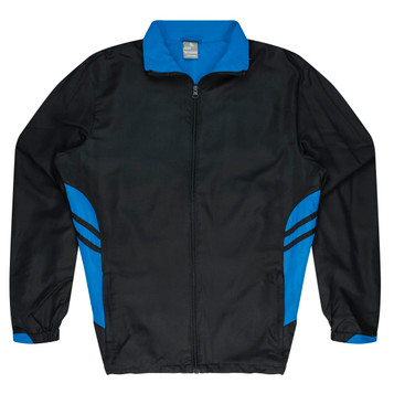 A black tracktop featuring white stripe details, with a zip front and a collar. It has a branding logo.