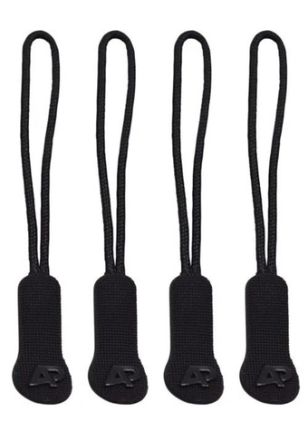 Four black zip puller accessories with loops and a small logo on each.