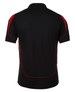 A black polo shirt with red accents and a logo on the back.