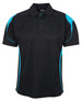 A black polo shirt with turquoise accents and a three-button placket. Features a logo on the upper section.