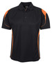 A black polo shirt with orange accents and a logo on the chest. Features a classic collar and button placket.
