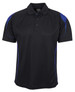 A black polo shirt with blue accents, featuring a collar and short sleeves, along with a logo.